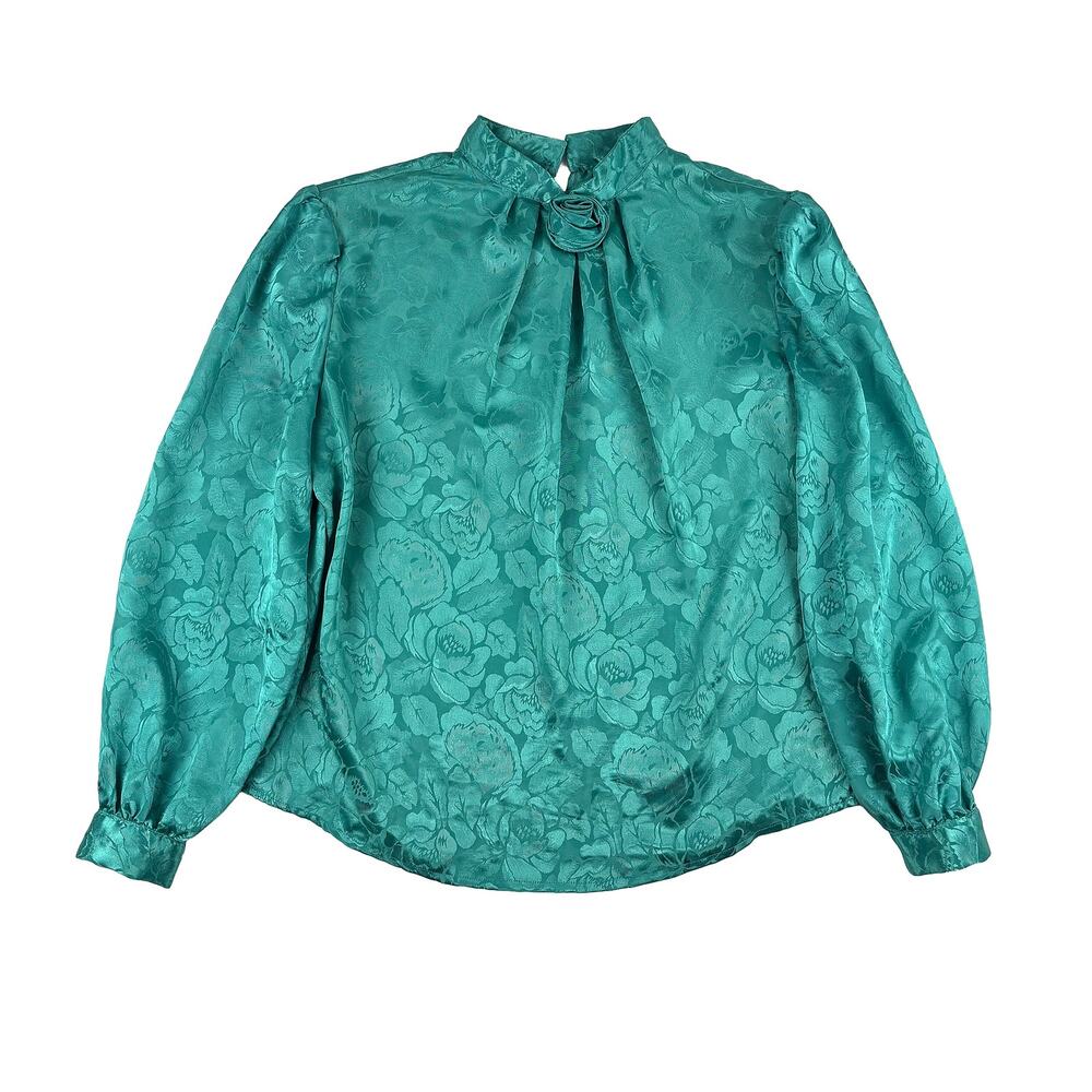 Ann Chabrol Floral Jacquard Rosette Blouse VTG Womens L Teal 80s Romantic Retro